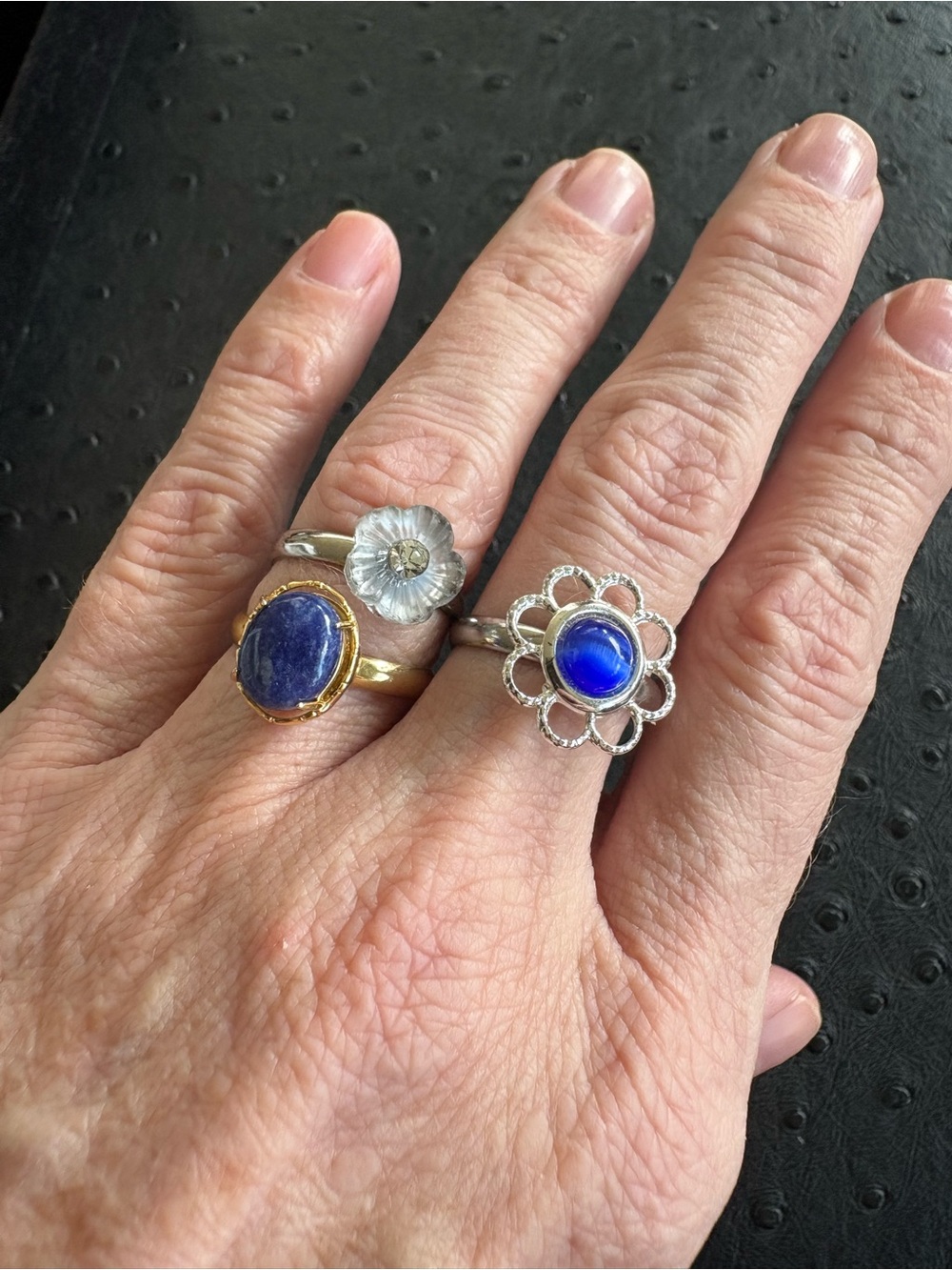Set of 3 rings made from vintage clip earrings. All adjustable.